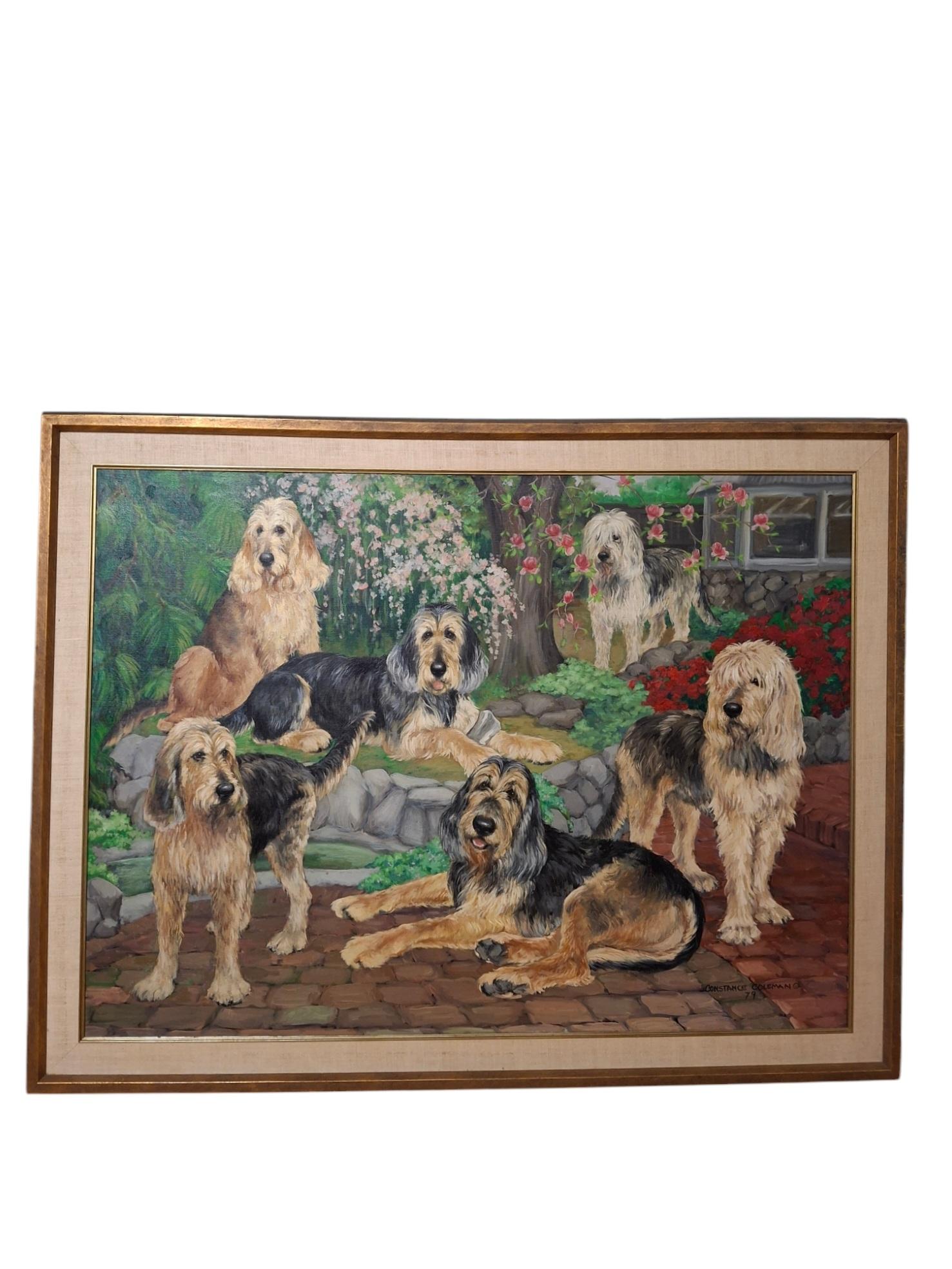 Large portrait painting with group of six otterhounds in a lush garden landscape by Constance Coleman, 1979

Oil on canvas
Signed & dated lower right 
Canvas dimensions: 34" x 46"
Frame dimensions: 41" x 53"

Constance Coleman Richardson (b. 1905,
