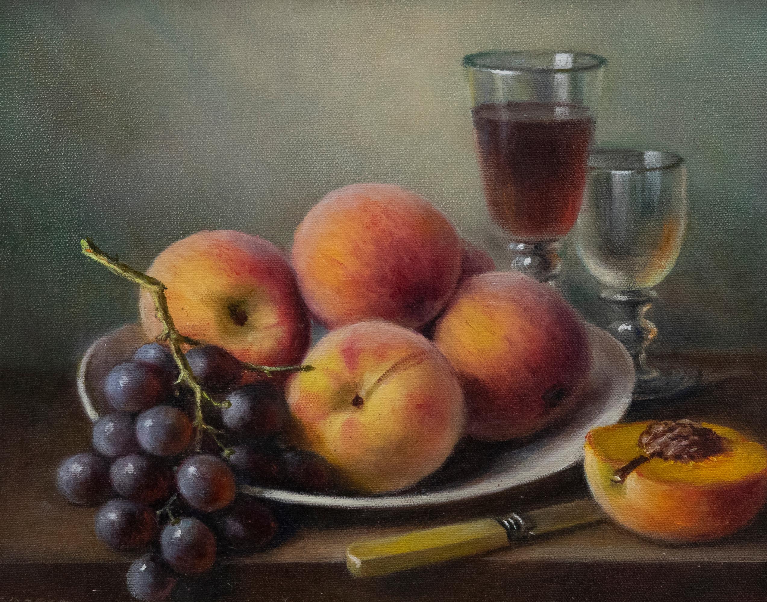 Constance Cooper SWA FRSA (1905-1998) - Framed Oil, Still Life of Fruit & Wine For Sale 1