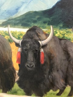 Vibrant oil of Tibetan landscape "Yaks near Phasho" celebrates Tibetan animals