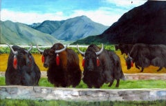 Used Vibrant oil of Tibetan landscape "Yaks near Phasho" celebrates Tibetan animals