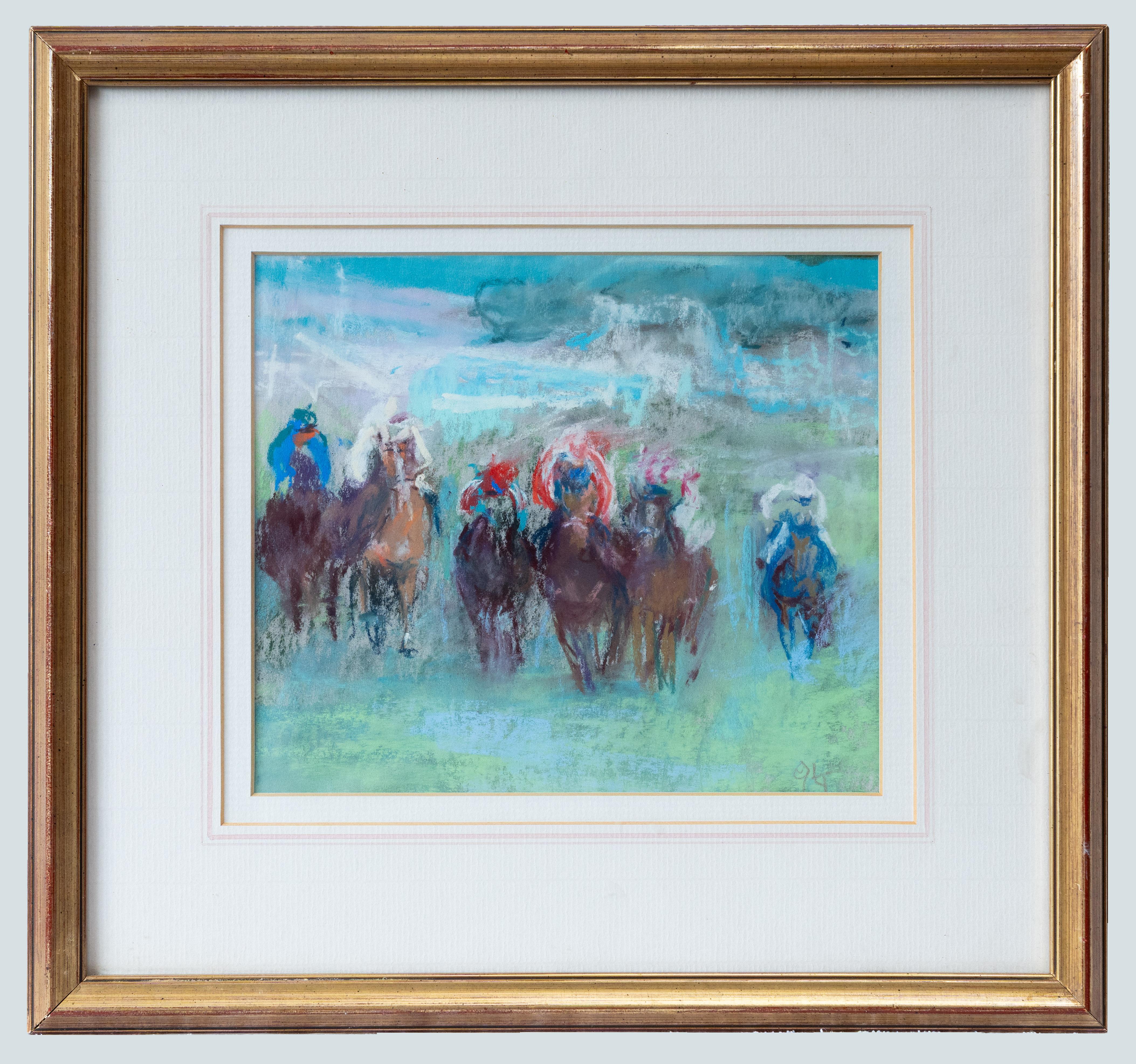 Cette étude vivante de Thompson anime l'exaltation d'une course de chevaux, représentant des jockeys et des chevaux galopant vers le spectateur avec un élan palpable. La composition est dynamisée par un coup de pinceau lâche et expressif - suggérant