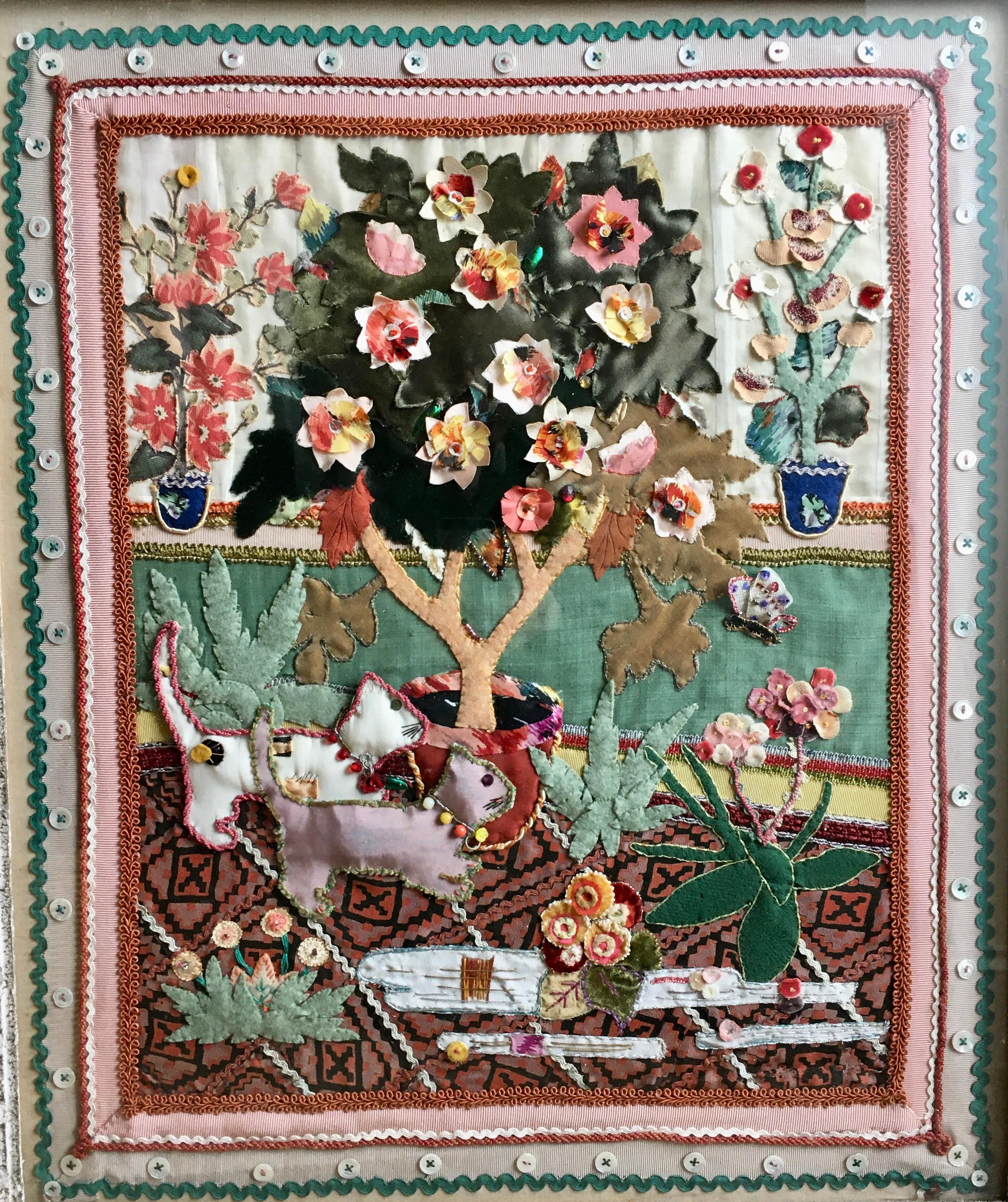 Cats and Flowers - 20th Century British Applique textile collage - Mixed Media Art by Constance Howard