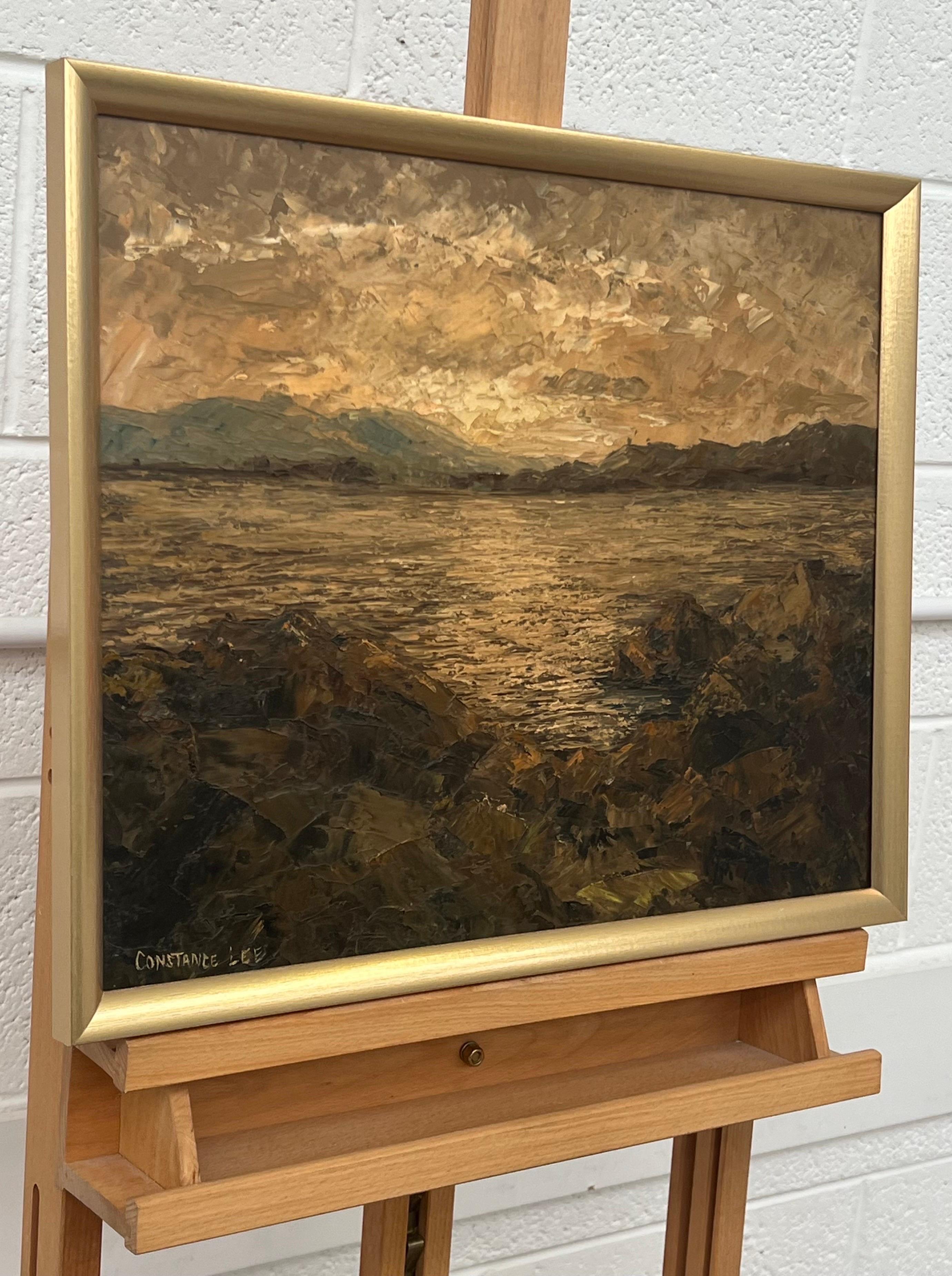 Atmospheric Earthy Sunset Seascape Landscape Impasto Oil Painting by 20th Century Artist, Constance Lee 

Art measures 19 x 15 inches
Frame measures 21 x 17 inches 

This unique original painting captures the shimmering light as it reflects from the