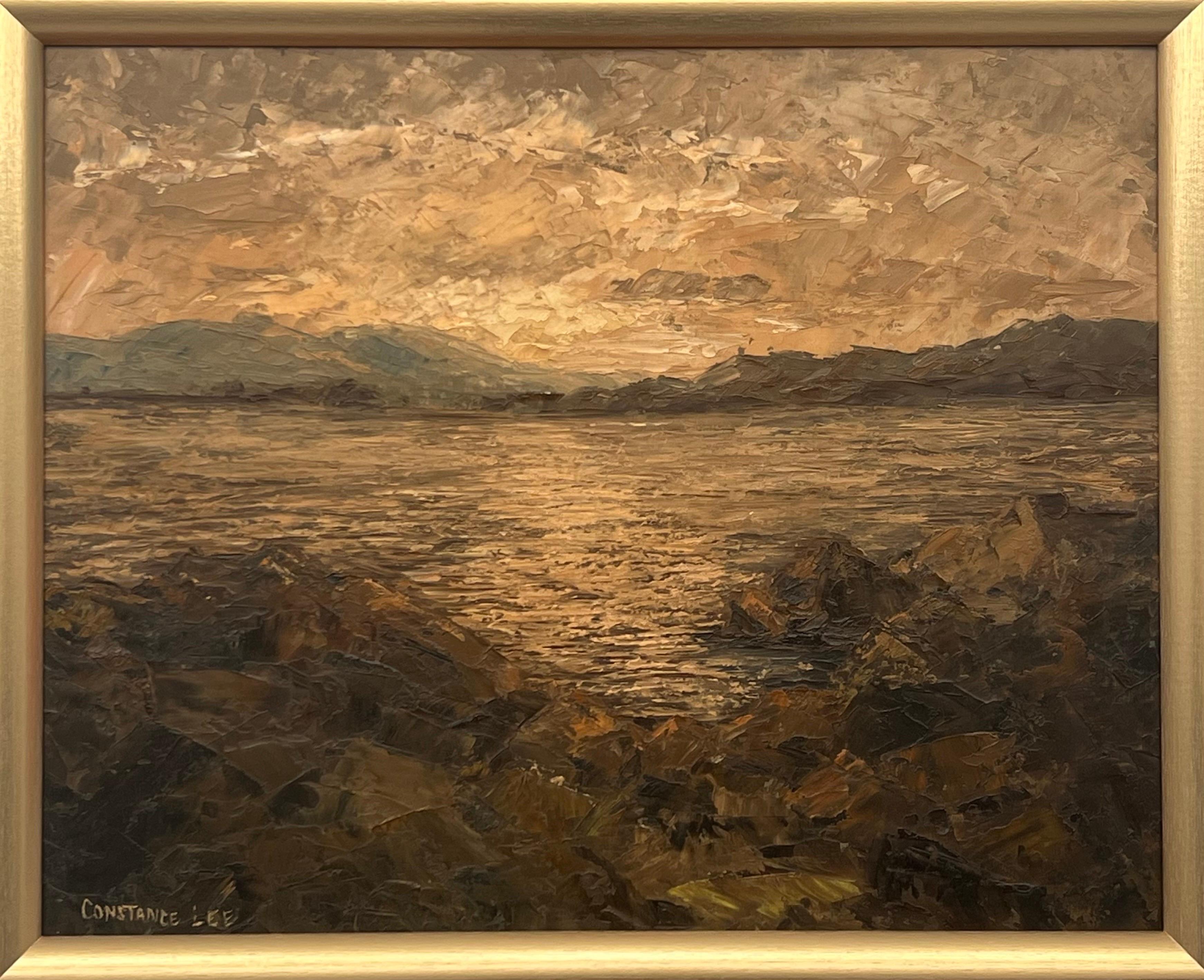 Abstract Painting Constance Lee - Paysage de mer atmosphérique Coucher de soleil Peinture à l'huile à l'empâtement par un artiste du 20e siècle