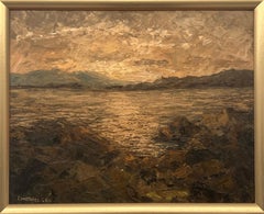 Paysage de mer atmosphérique Coucher de soleil Peinture à l'huile à l'empâtement par un artiste du 20e siècle