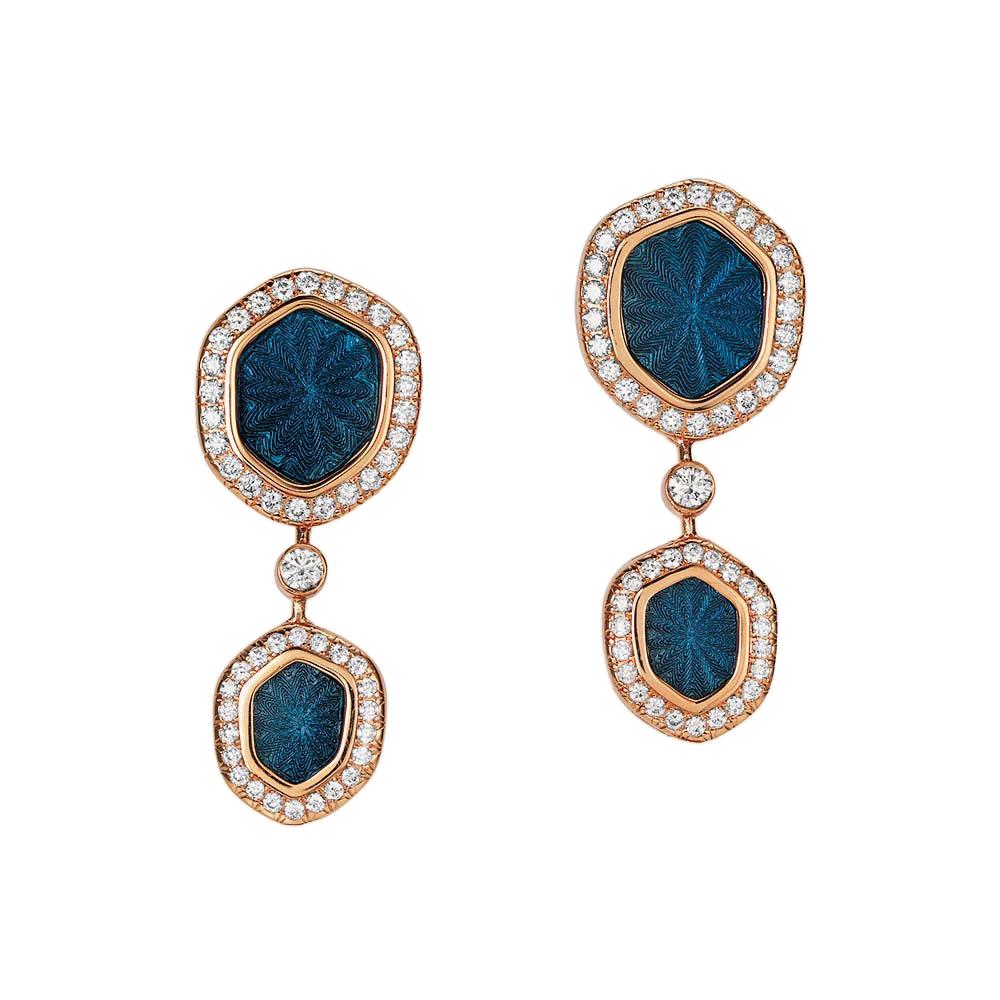 Drop Earrings 18k Rose Gold Light Blue Enamel Guilloche 96 Diamonds 0.53 ct G VS