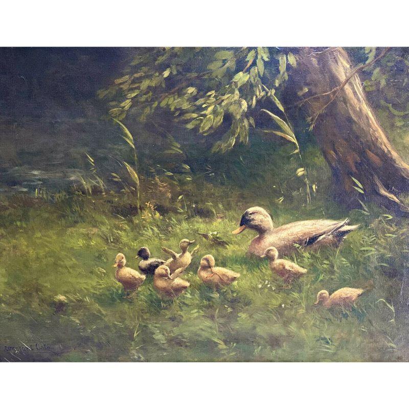 Constant Artz Oil on Canvas Painting, Duck with Ducklings

Constant Artz (Dutch, 1870-1951) oil on canvas painting. The painting depicts a mother duck with her 7 ducklings walking in a grassy landscape. Artist signed to the lower left. In a period