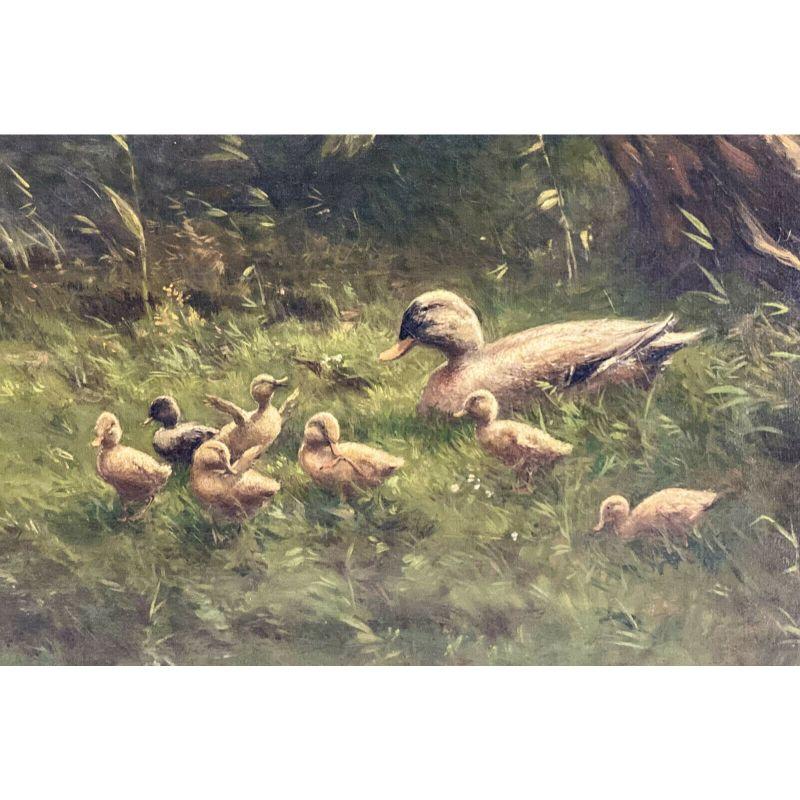 European Constant Artz Oil on Canvas Painting, Duck with Ducklings For Sale