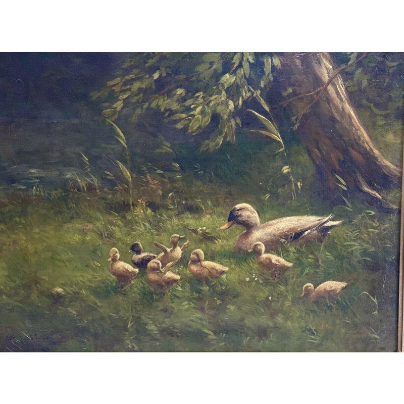 Oiled Constant Artz Oil on Canvas Painting, Duck with Ducklings For Sale
