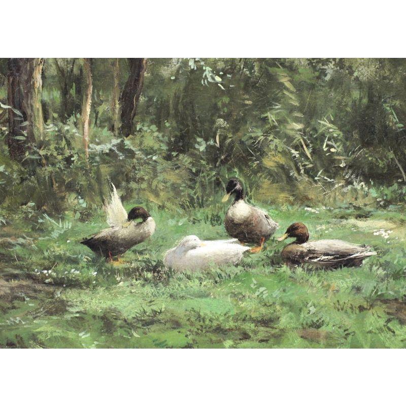 European Constant Artz Oil Painting, Ducklings in Landscape Signed For Sale