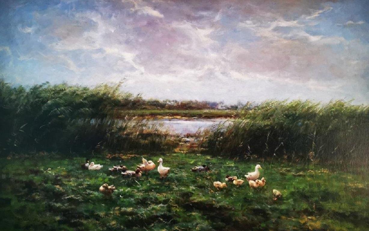 "Duck and Ducklings at the Waters Edge”, lakeside landscape, oil on canvas