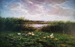 "Duck and Ducklings at the Waters Edge”, lakeside landscape, oil on canvas