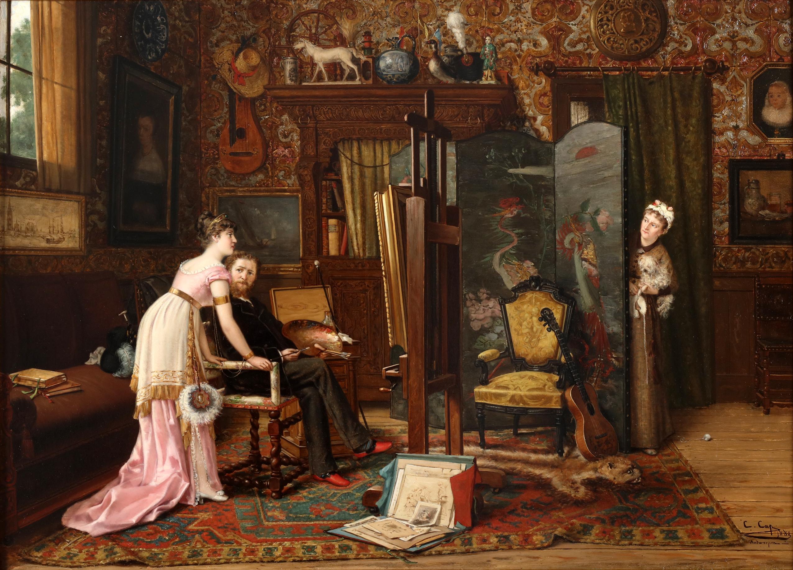 Oil on panel

Signed lower right: "C. Cap, 1882 Antwerpen"

Also signed on the back.


Constant Cap's "The artist at work" intricately weaves a narrative within a room brimming with creative artifacts and subtle human interactions. The scene is a