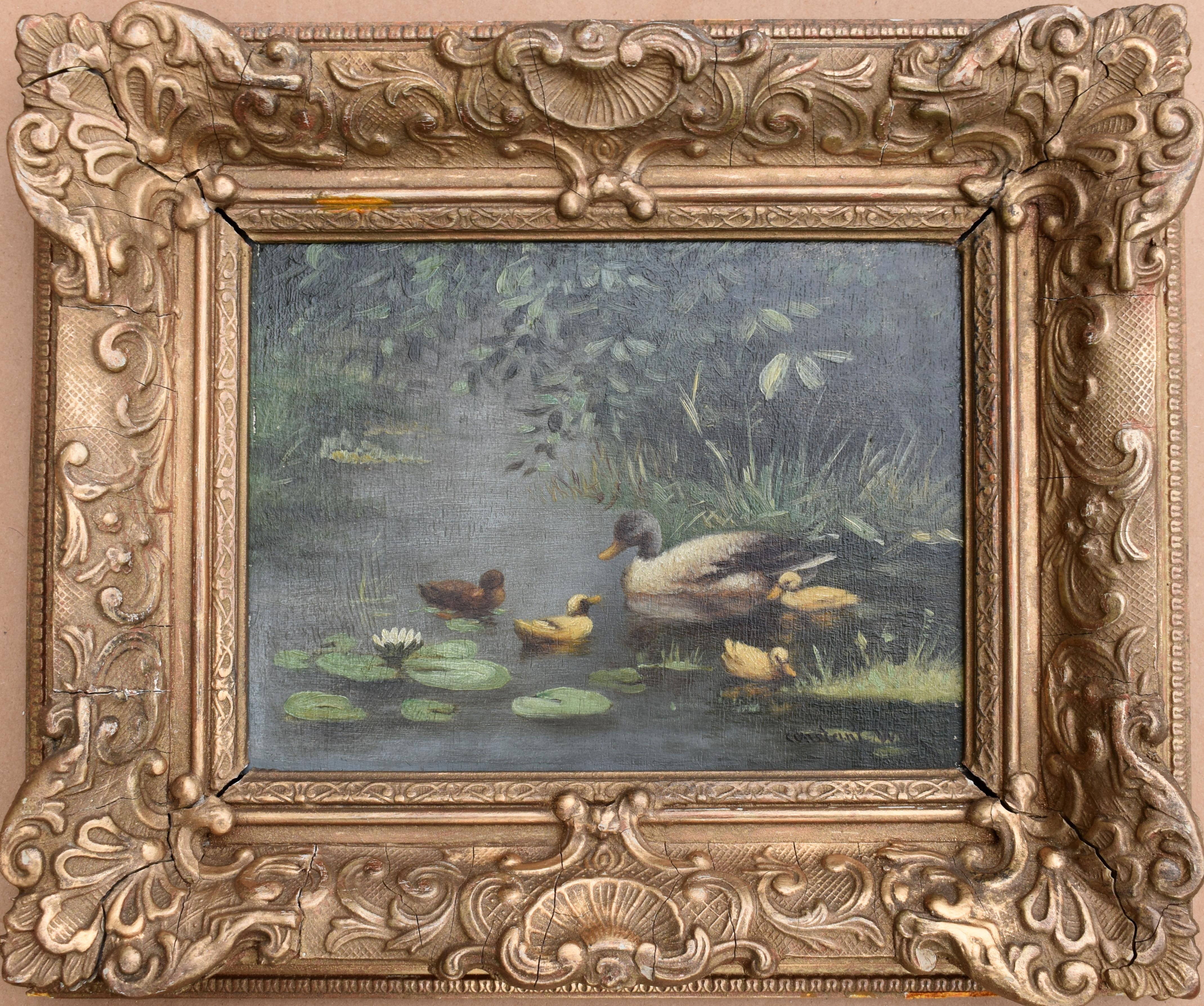 Constant David Ludovic Artz (1870-1951)

A charming depiction of ducks in a pond by the consummate duck painter, Constant Artz. Painted in oil on to a wooden panel, signed lower right and nicely presented in an ornate gilt frame.
Artz was born in