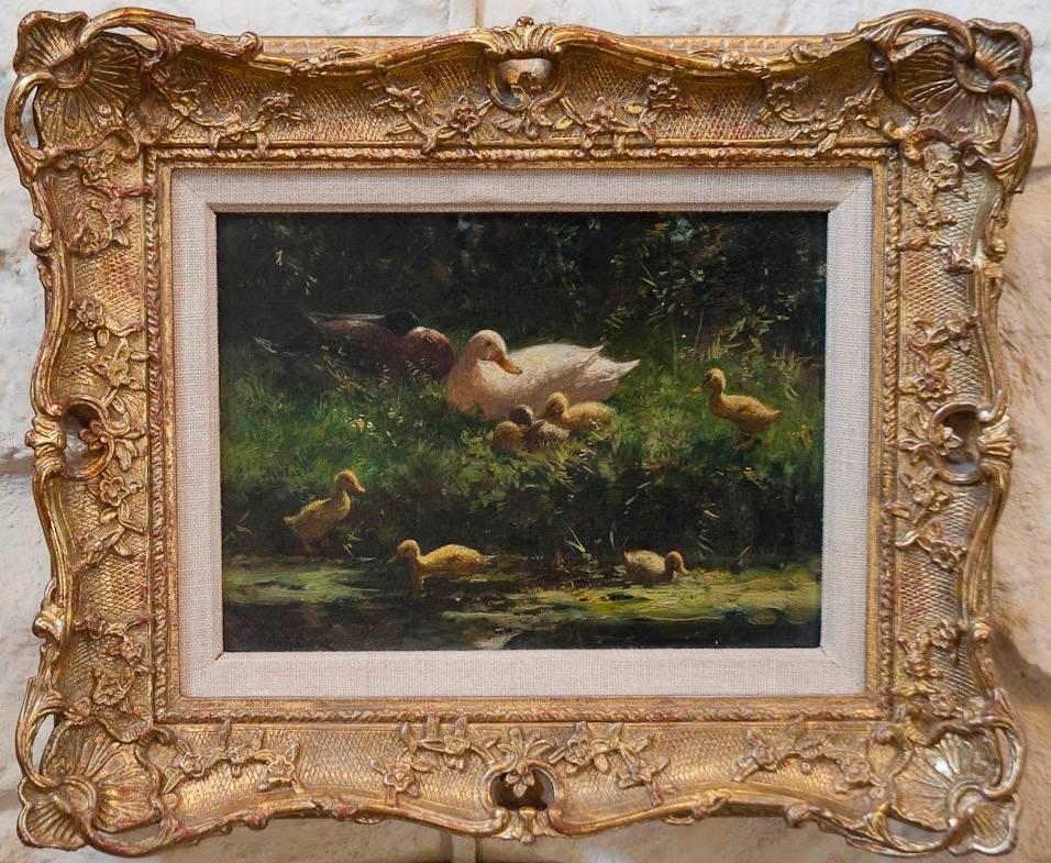 A Family Group of Ducks on a Riverbank 19th / 20th Century by Constant Artz - Painting by Constant David Ludovic Artz