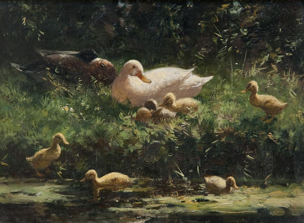 Constant David Ludovic Artz Animal Painting - A Family Group of Ducks on a Riverbank 19th / 20th Century by Constant Artz