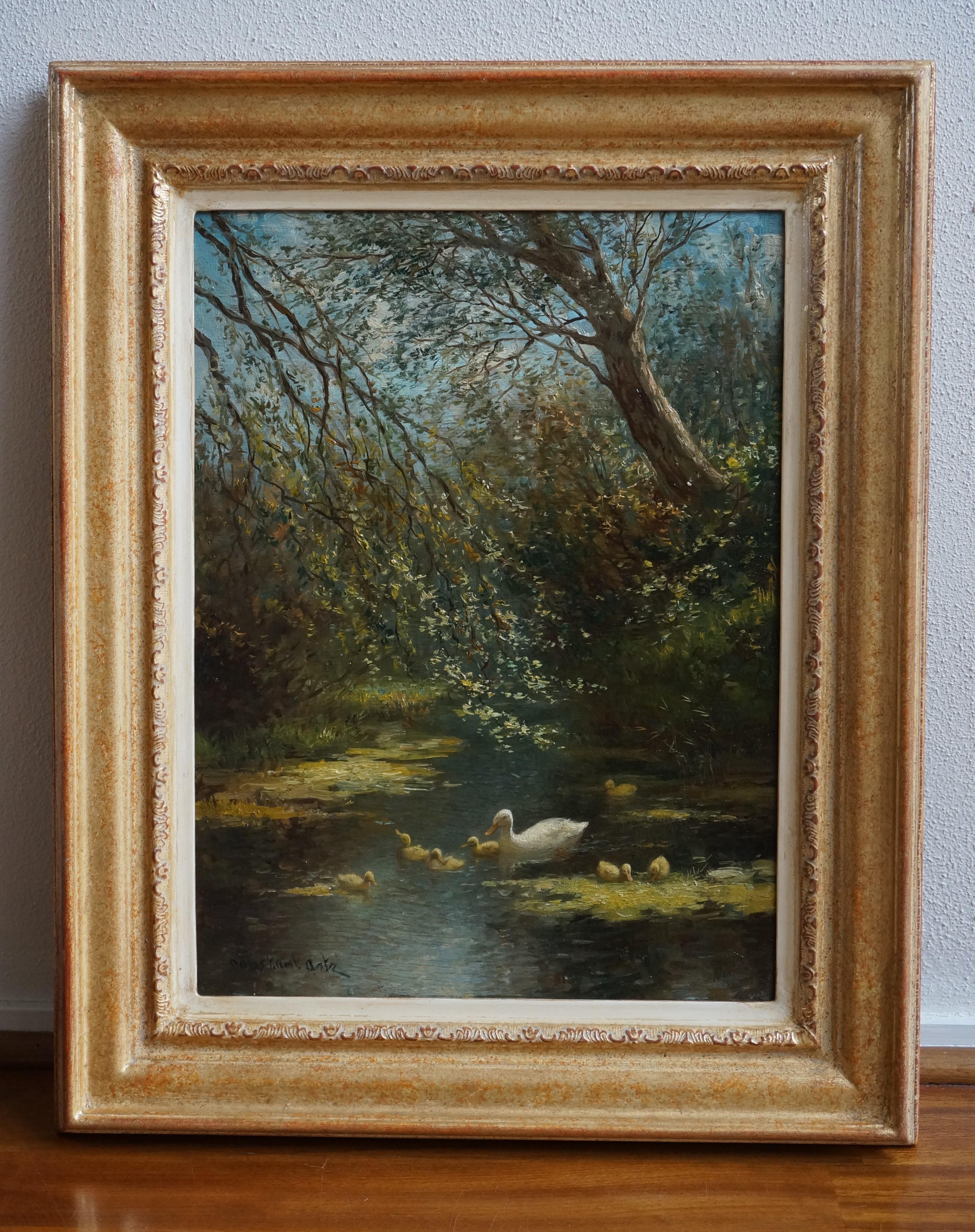 Anatra con anatroccoli in uno stagno della foresta, Scuola dell'Aia - Painting di Constant David Ludovic Artz