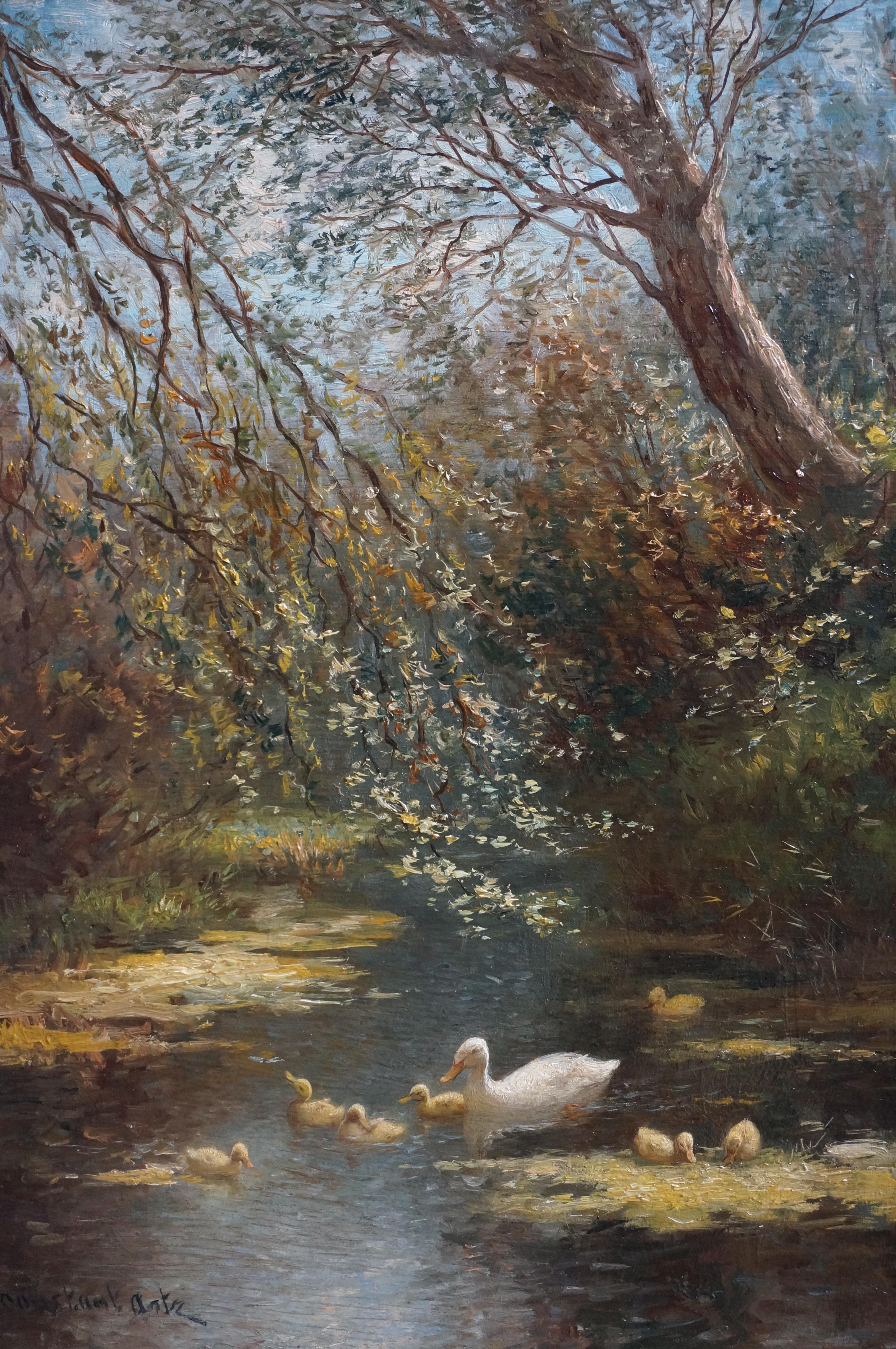 Anatra con anatroccoli in uno stagno della foresta, Scuola dell'Aia - Painting Impressionismo di Constant David Ludovic Artz