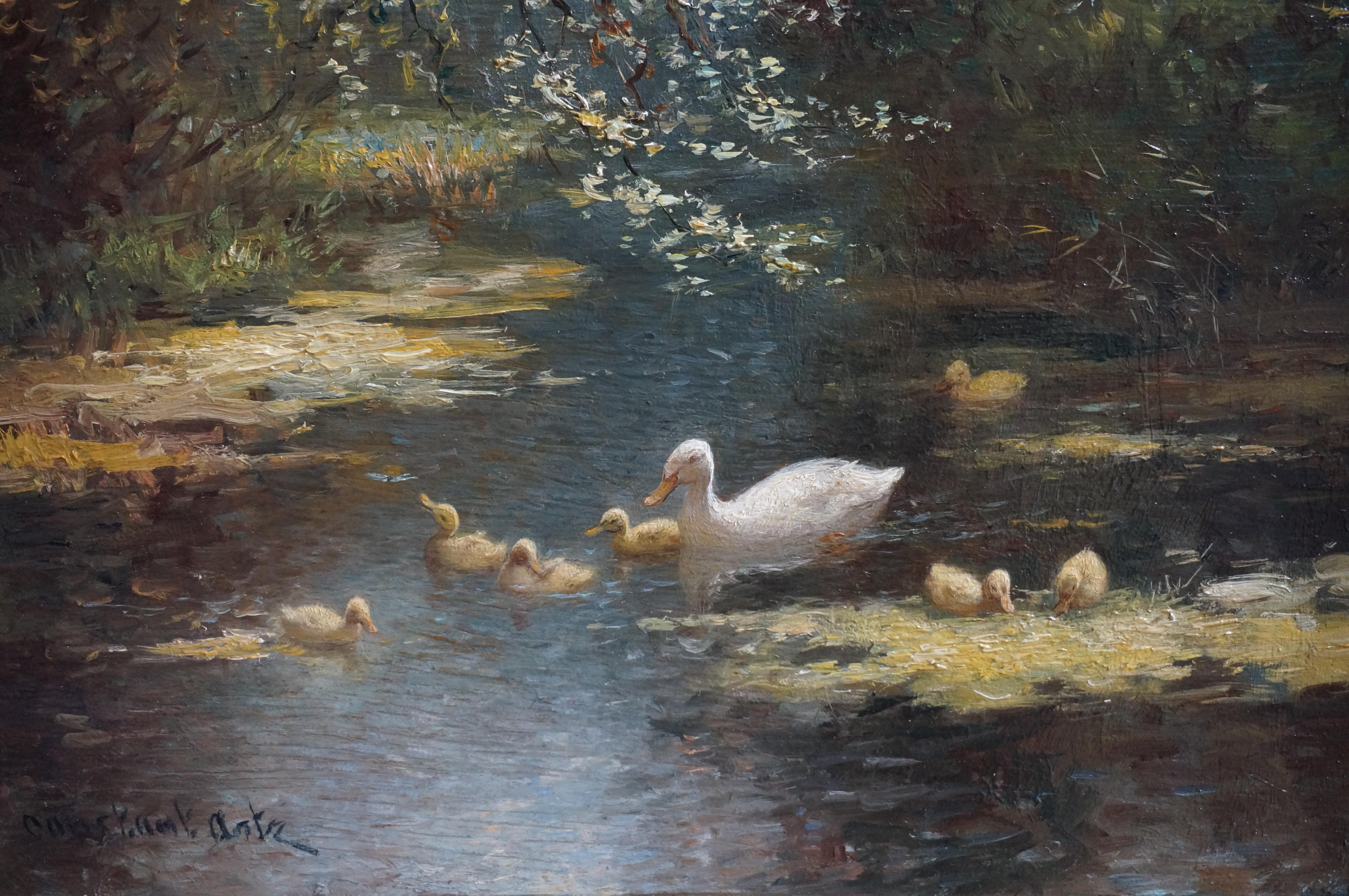 Constant David Ludovic Artz (1870-1951)
Anatra con anatroccoli nello stagno della foresta
Firmato Constant Artz in basso a sinistra
Olio su pannello
38,5 x 29 cm. (senza cornice)
53 x 43 cm. (compresa la cornice)

Constant Ludovic Artz (1870-1951)