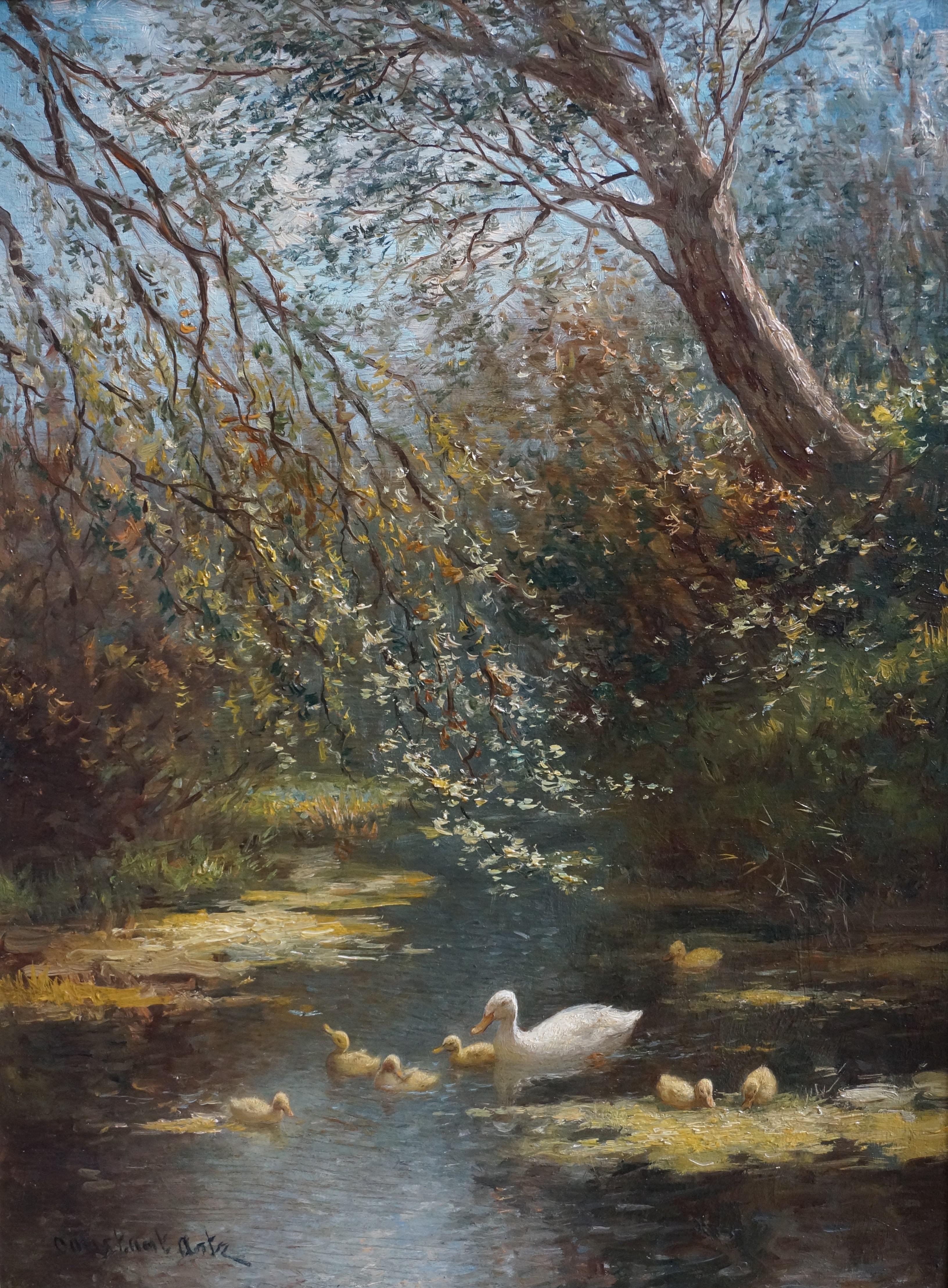 Animal Painting di Constant David Ludovic Artz - Anatra con anatroccoli in uno stagno della foresta, Scuola dell'Aia