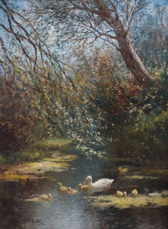 Duck with ducklings in a Forest pond, The Hague School