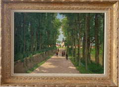 Constant Dore,  Französischer Impressionist, Eine mit Bäumen ausgekleidete Straße mit Pflanzgefäßen