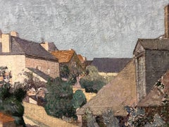 Enorme dipinto a olio francese del 1930 di Pont-Aven Atmosfera del villaggio francese Vista della strada