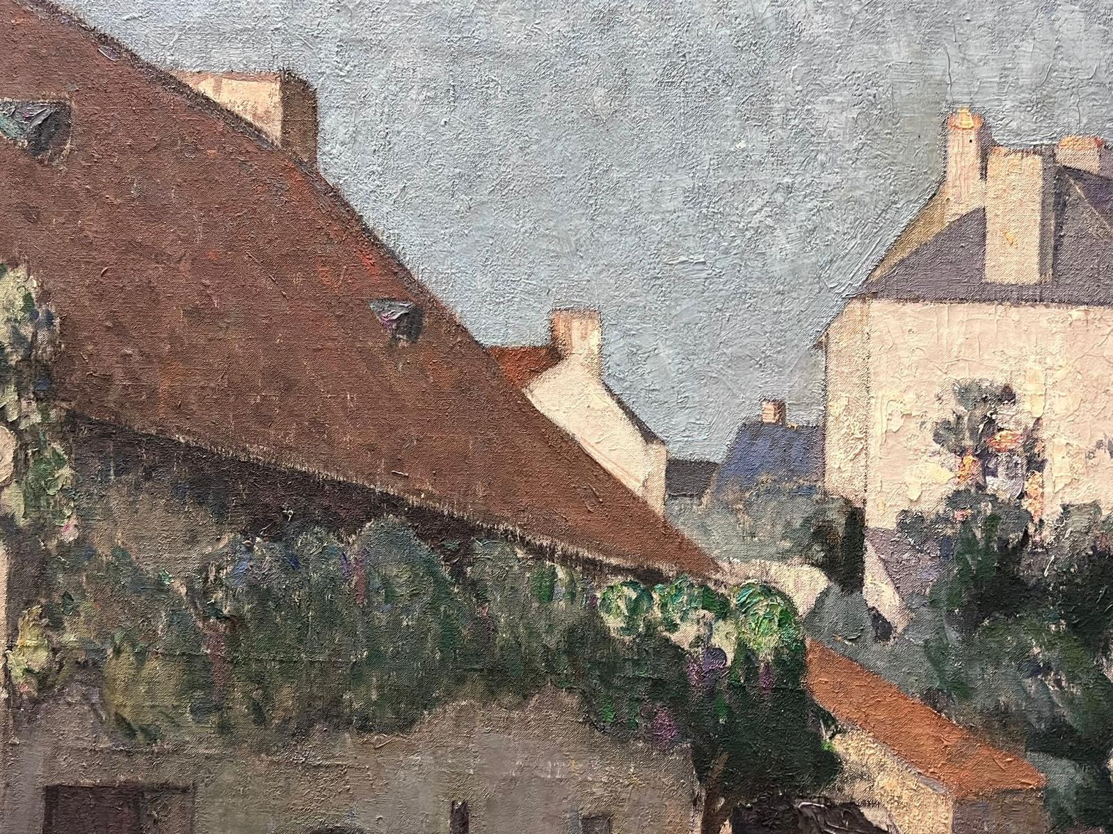 Huge 1930's French Pont-Aven Oil Painting Atmospheric French Village Street View 1