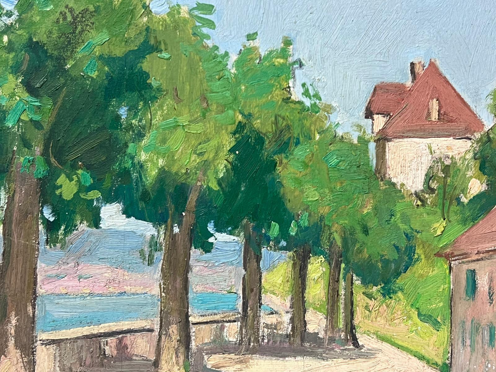 Peinture à l'huile originale de l'école Pont Aven, vert, maisons en détresse par la mer - Post-impressionnisme Painting par Constant Dore