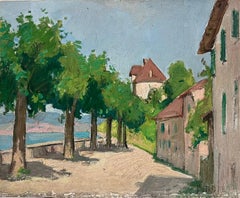 Peinture à l'huile originale de l'école Pont Aven, vert, maisons en détresse par la mer