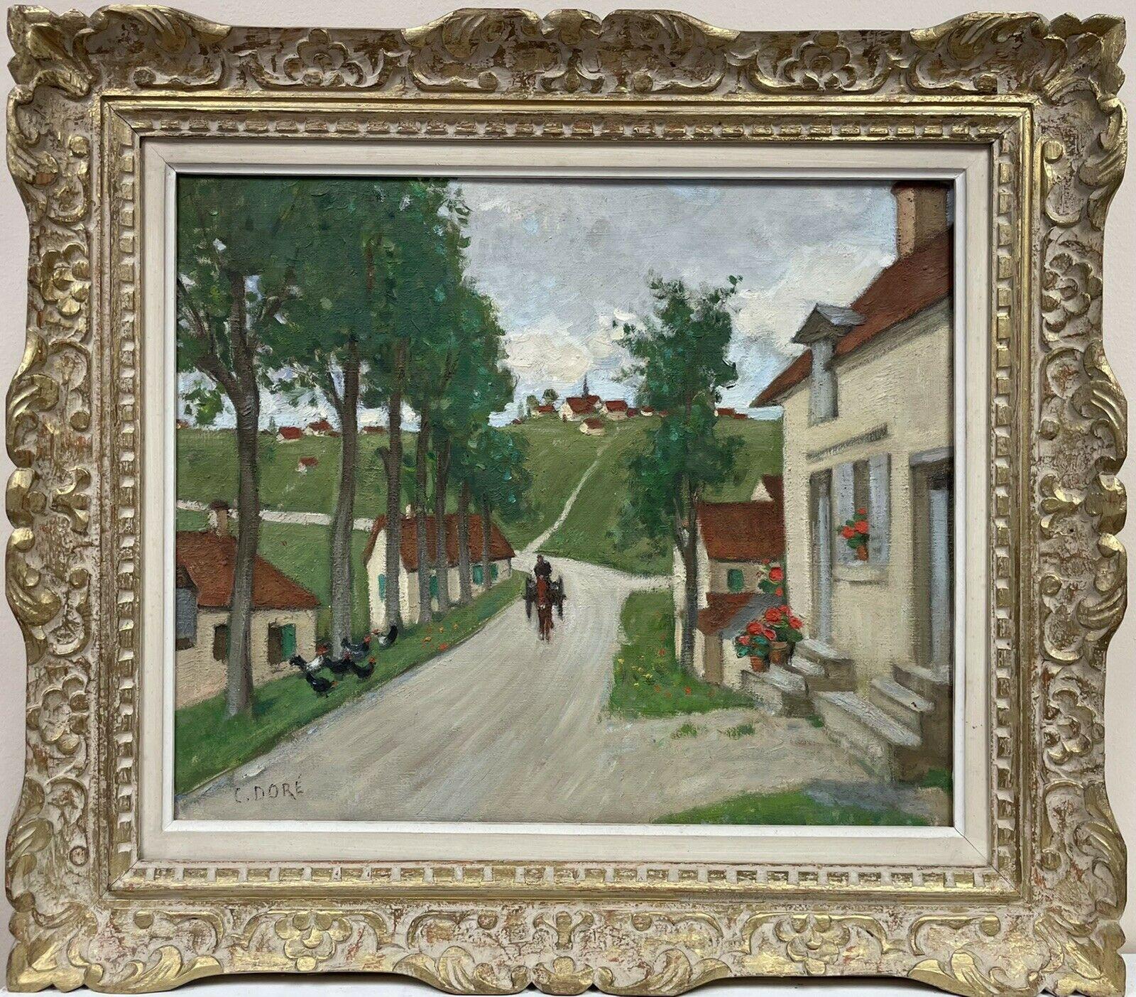 Figurative Painting Constant Dore - Peinture à l'huile originale de l'école française Pont Aven représentant une scène de rue d'un village avec cheval et chariot