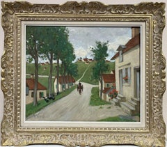 Peinture à l'huile originale de l'école française Pont Aven représentant une scène de rue d'un village avec cheval et chariot