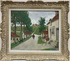 Peinture à l'huile originale de l'école française Pont Aven représentant une scène de rue d'un village avec cheval et chariot