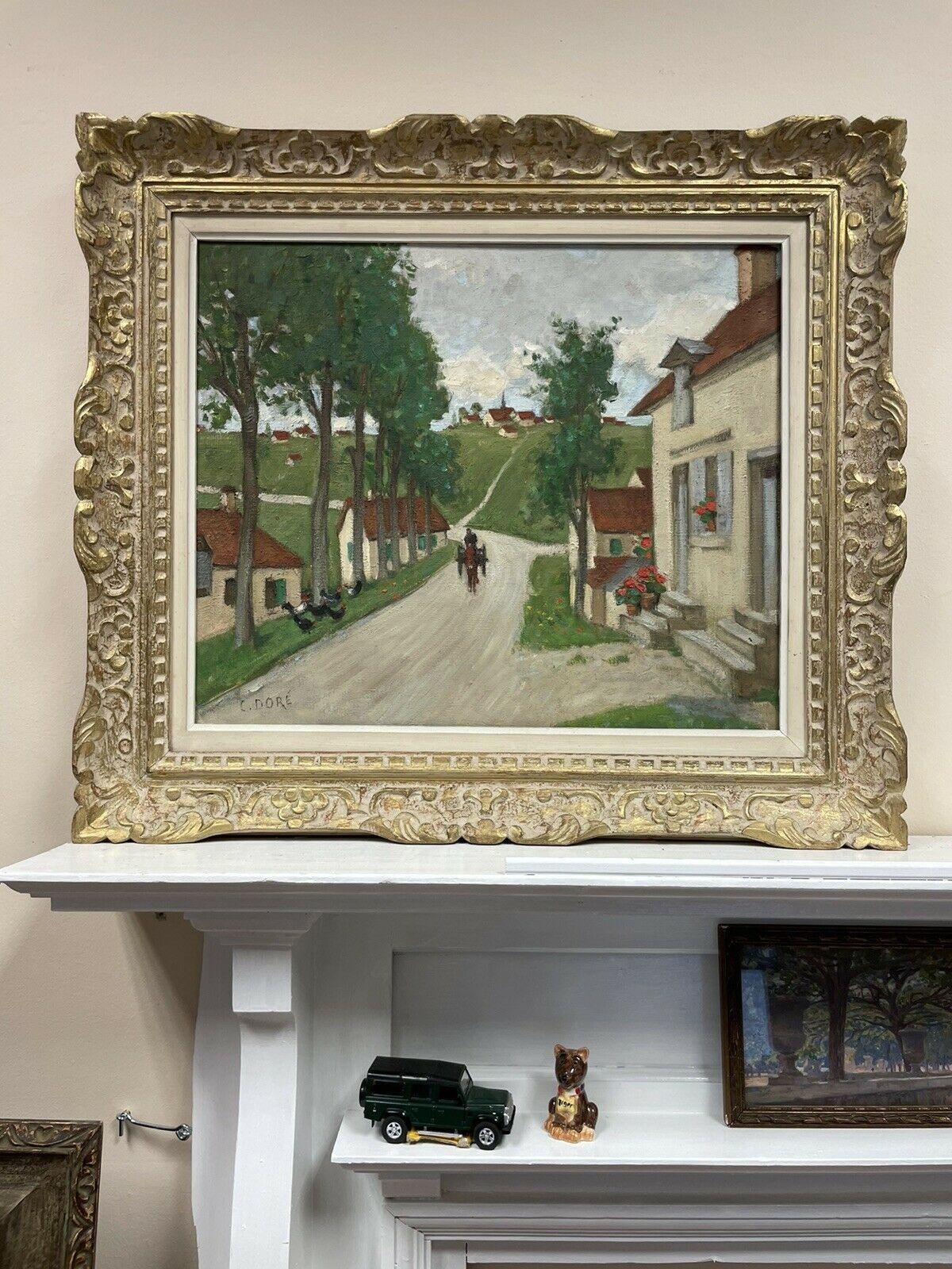 Peinture à l'huile originale de l'école française Pont Aven représentant une scène de rue d'un village avec cheval et chariot - Post-impressionnisme Painting par Constant Dore