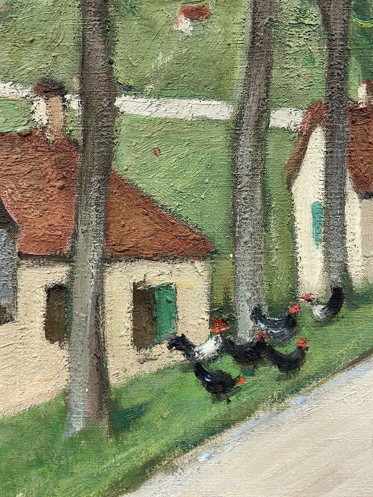 Peinture à l'huile originale de l'école française Pont Aven représentant une scène de rue d'un village avec cheval et chariot - Gris Figurative Painting par Constant Dore