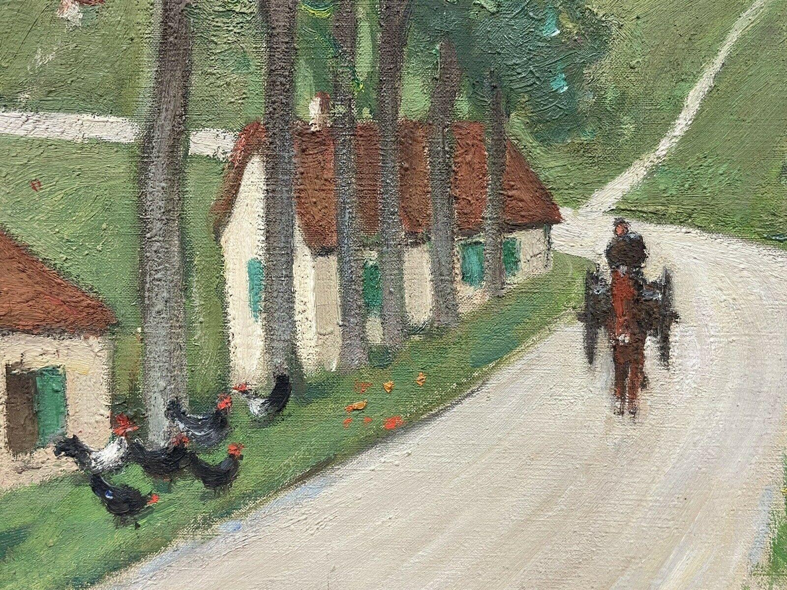 Peinture à l'huile originale de l'école française Pont Aven représentant une scène de rue d'un village avec cheval et chariot en vente 1