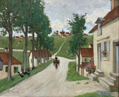 Pittura ad olio originale della scuola francese di Pont Aven Scena di strada di un villaggio con cavallo e carro