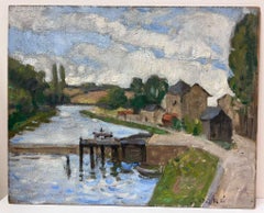 Pittura ad olio originale della scuola francese di Pont Aven Paesaggio tranquillo del fiume Oise