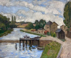 Antique Original French Pont Aven School Oil Painting Tranquil River Oise Landscape 