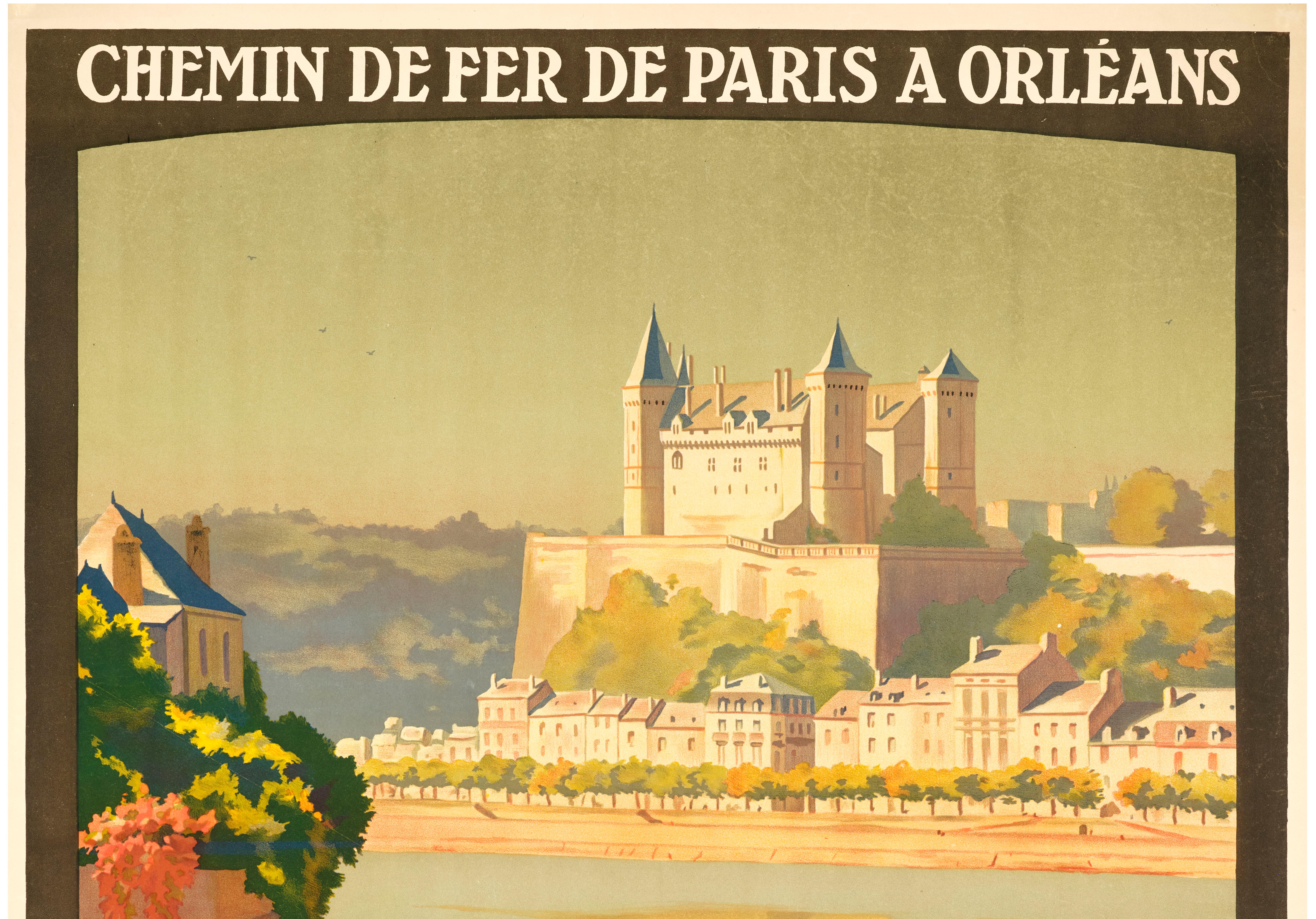 Affiche des Chemins de fer de Paris à Orléans créée par Constant Duval en 1924 pour promouvoir le tourisme vers les Châteaux de la Loire.

Artistics : Constant Léon Duval
Titre : Château de Saumur
Date : 1924
Signature : En bas à droite
Taille :