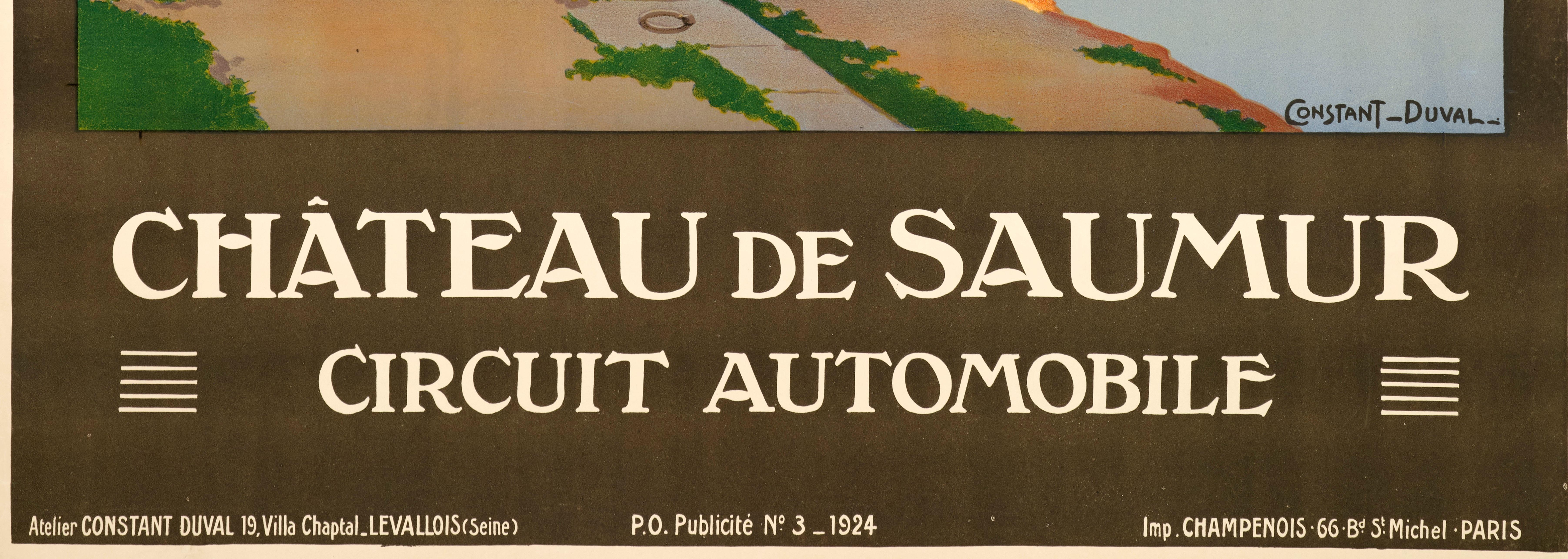 Affiche originale de voyage Constant Duval, Saumur, Chateau Loire, voiture, Paris, 1924 Bon état - En vente à SAINT-OUEN-SUR-SEINE, FR