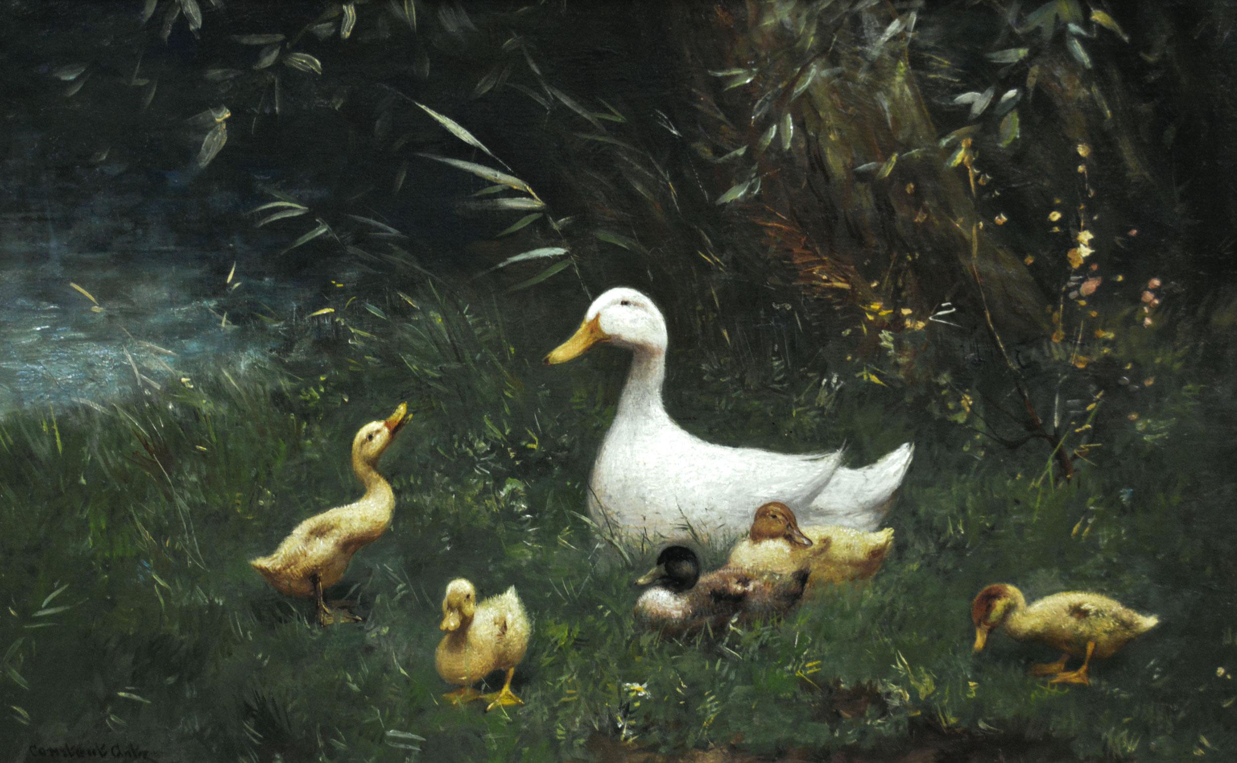 Peinture à l'huile animalière du 19e siècle représentant un canard et des canetons au bord d'une rivière - Painting de Constant David Ludovic Artz