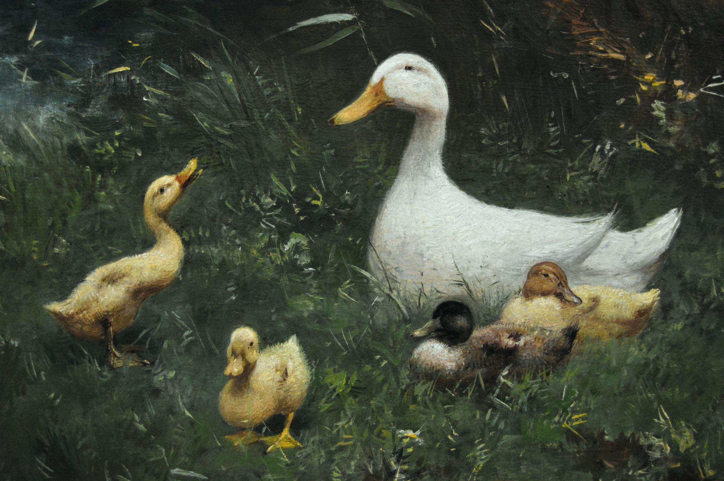 Peinture à l'huile animalière du 19e siècle représentant un canard et des canetons au bord d'une rivière - Marron Animal Painting par Constant David Ludovic Artz