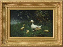 19th Century animal oil painting of a duck & ducklings on a river bank