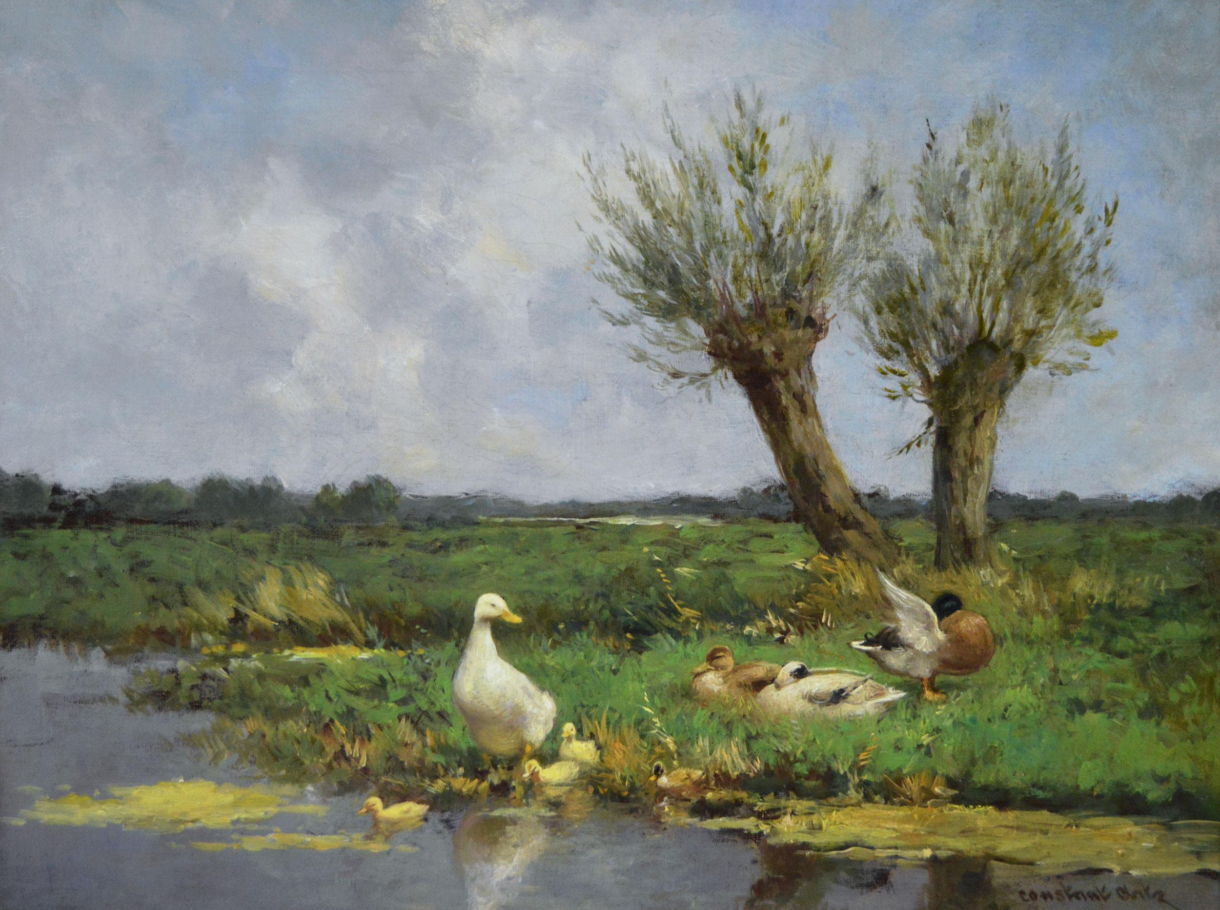 Tier-Ölgemälde aus dem 19. Jahrhundert mit Enten und Enten neben einem Fluss – Painting von Constant David Ludovic Artz