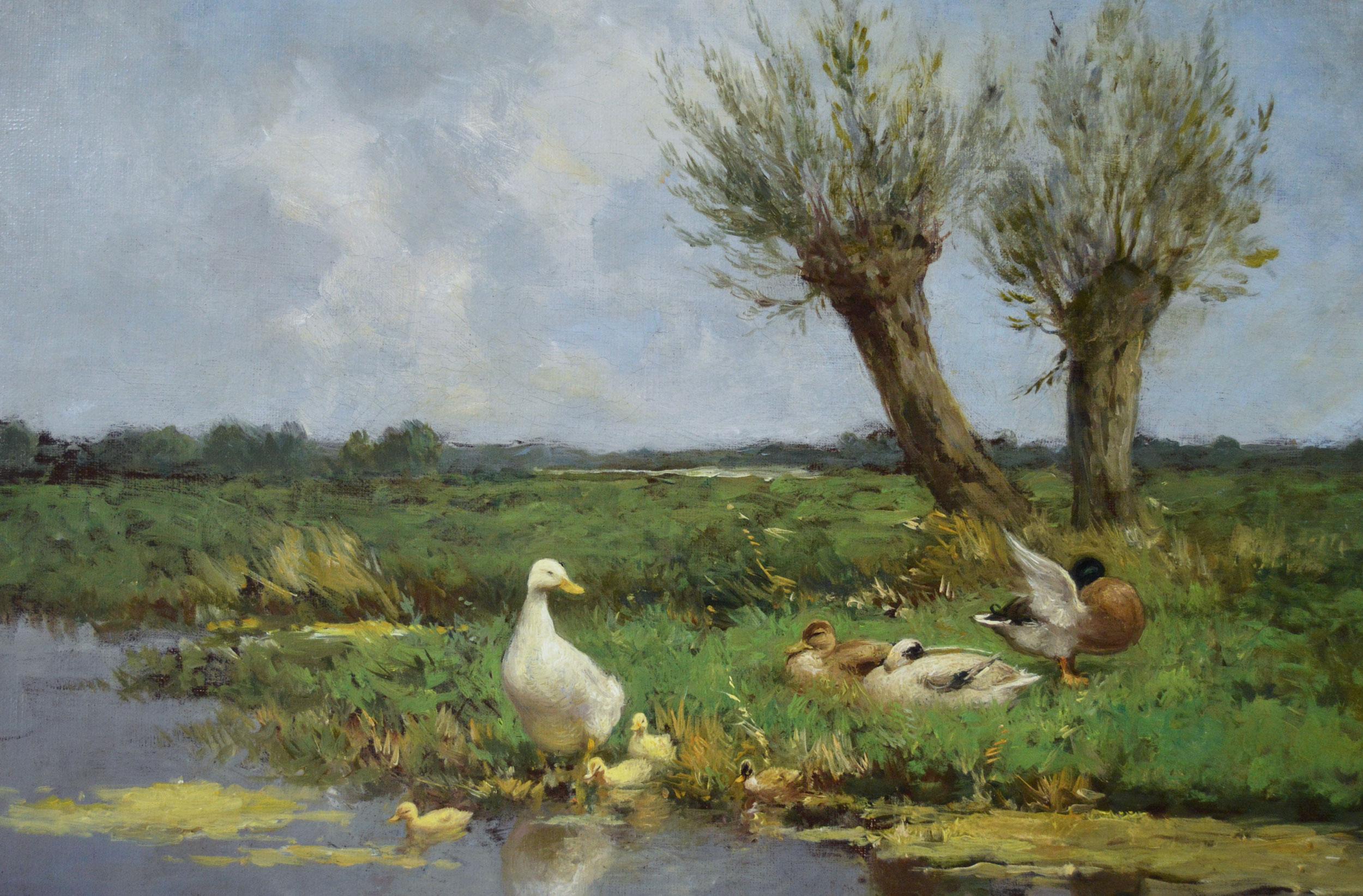 Tier-Ölgemälde aus dem 19. Jahrhundert mit Enten und Enten neben einem Fluss (Viktorianisch), Painting, von Constant David Ludovic Artz