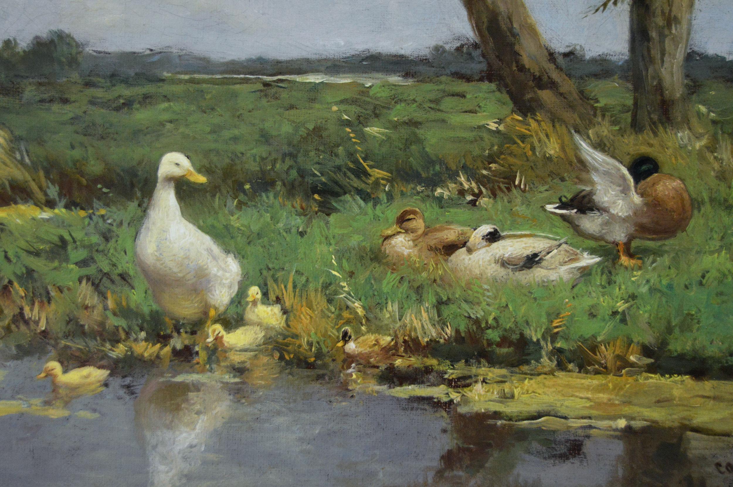 Tier-Ölgemälde aus dem 19. Jahrhundert mit Enten und Enten neben einem Fluss (Braun), Animal Painting, von Constant David Ludovic Artz