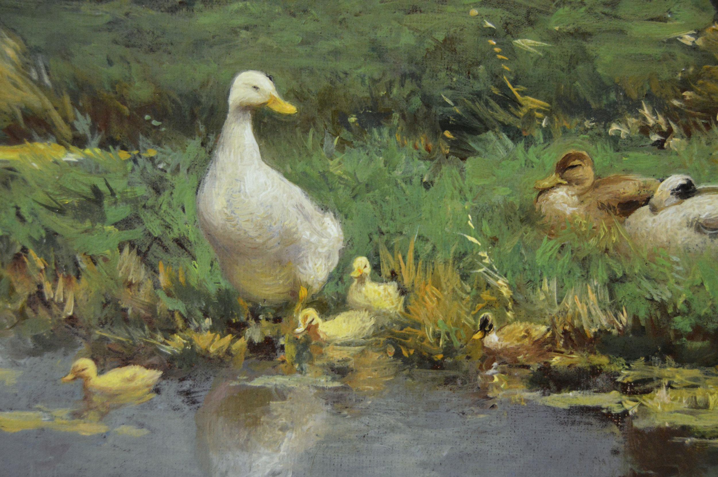 Konstante Ludovic Artz
Niederländisch, (1870-1951)
Die Schwimmstunde
Öl auf Leinwand, signiert
Bildgröße: 11,5 Zoll x 15 Zoll 
Größe einschließlich Rahmen: 16,5 Zoll x 20 Zoll

Ein bezauberndes Gemälde von Enten und Entenküken an einem Fluss von