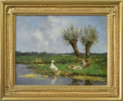 19th Century animal oil painting of ducks & ducklings next to a river