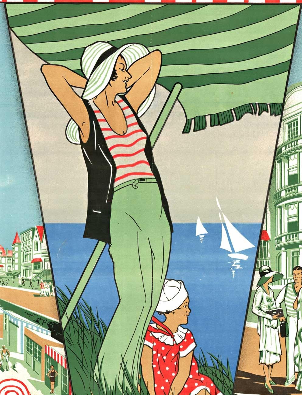 Vintage Art of Vintage La Panne de 1932. Une chromolithographie avec l'ajout d'une encre argentée rend cette affiche de plage belge originale très attrayante !
Des personnes à la mode sont représentées sur la promenade de la plage, tandis que
